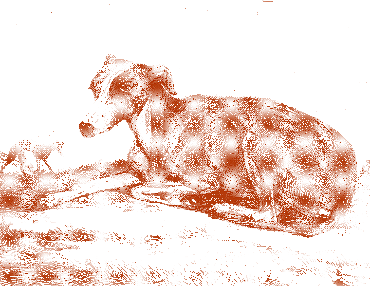A greyhound lies alert in the grass, head up and watching, while a second greyhound runs off towards the horizon behind it. Etching.