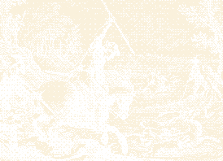 A stag hunt: a rider with a raised spear, hounds leaping at the quarry, more riders and hounds streaming across the open country behind. Etching.